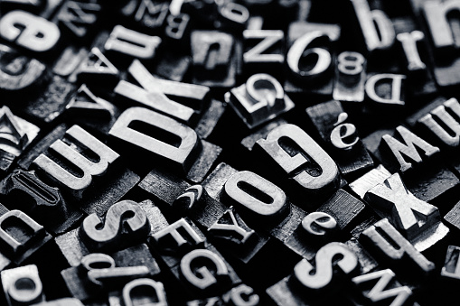 Close up of vintage metal letterpress type background
