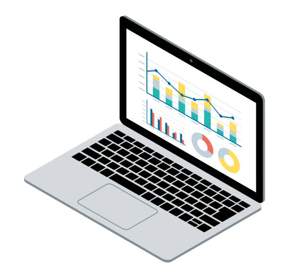 illustrazioni stock, clip art, cartoni animati e icone di tendenza di illustrazione di un laptop con un grafico - pie chart graph chart white background