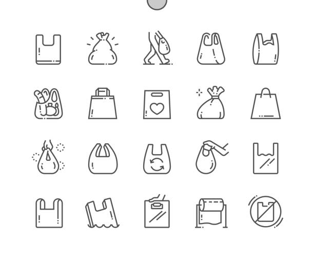 illustrations, cliparts, dessins animés et icônes de sacs en plastique. emballage, shopping, polyéthylène, jetable, recyclage, magasin et magasin. pollution plastique de l’eau. pixel perfect vector icônes de ligne mince. pictogramme minimal simple - pollution free