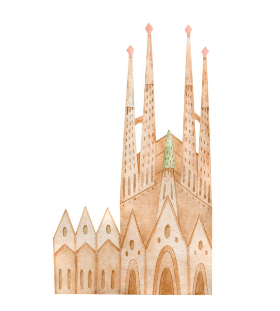 수채화 사그라다 파밀리아 일러스트레이션. - barcelona spain antonio gaudi sagrada familia stock illustrations