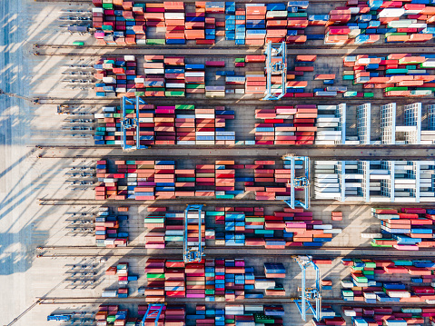 Aerial view colorful containers in container terminal
