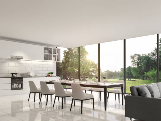 istock Modern black and white dining room and pantry with garden view 3d render 1321853757