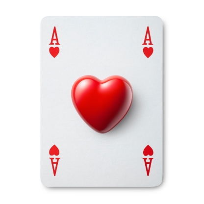 Ace of hearts with red heart isolated on a white background. Photo with clipping path for Valentine's Day.