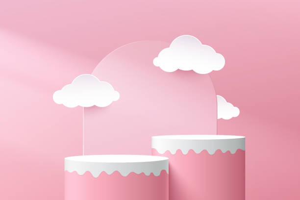 製品のプレゼンテーションのためのベクトルレンダリング3d幾何学的形状。ピンク、白いシリンダー台座表彰台。白い雲の形のペーパーカットが付いている現代の流動的な形のプラットホー� - candy background点のイラスト素材／クリップアート素材／マンガ素材／アイコン素材