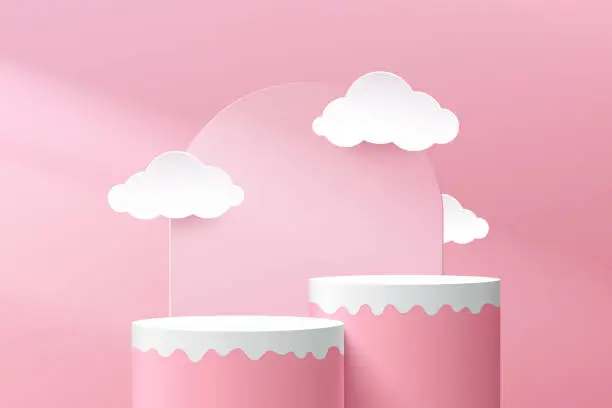 Vector illustration of Vector rendering 3d geometric shape for product presentation. Pink, white cylinder pedestal podium. Modern fluid shape platform with white cloud shape paper cut. Pastel pink minimal abstract scene.