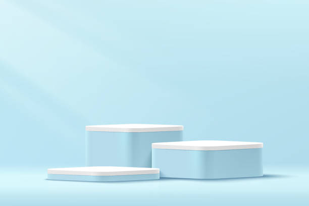 istock Blue and white round corner cube pedestal podium. geometric platform. Blue minimal wall scene. Pastel color abstract room design. Vector rendering 3d shape for cosmetic product display presentation. 1321860441