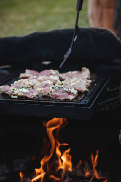 火の熱に敷かれた花崗岩の石に豚首肉を焼く素晴らしいディテール。肉に塩、バジルを振りかけ、油でこすります。バーベキューシーズンが始まりました - salt sausage fire flame ストックフォトと画像