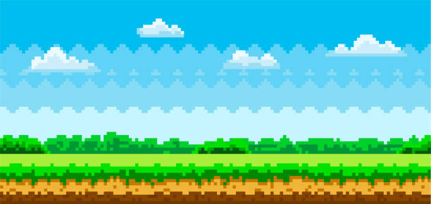 Pixel scene with green grass and forest in distance against blue sky with clouds, pixelated template Pixel-game background. Pixel scene with green grass and forest in distance against blue sky with clouds, pixelated template for computer game or application. Flat nature landscape vector illustration pixel sky background stock illustrations