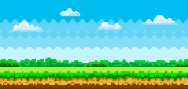 Vector illustration of Pixel scene with green grass and forest in distance against blue sky with clouds, pixelated template