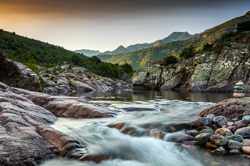 Fango river, which flows down the western slope of one of the highest peaks in the Corsican mountain ridge. Corsica, France.