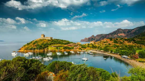 Girolata Bay in Corsica, Corse-du-Sud, France. Girolata is located in the Scandola Nature Reserve. It can not be reached by car, only by walking or by boat.