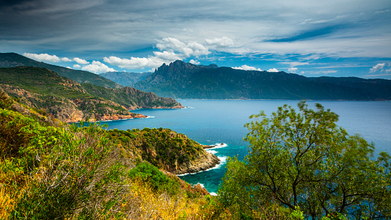 Rough mediterranean sea coastline of Corsica near Porto. Corse-Du-Sud Corsica - France