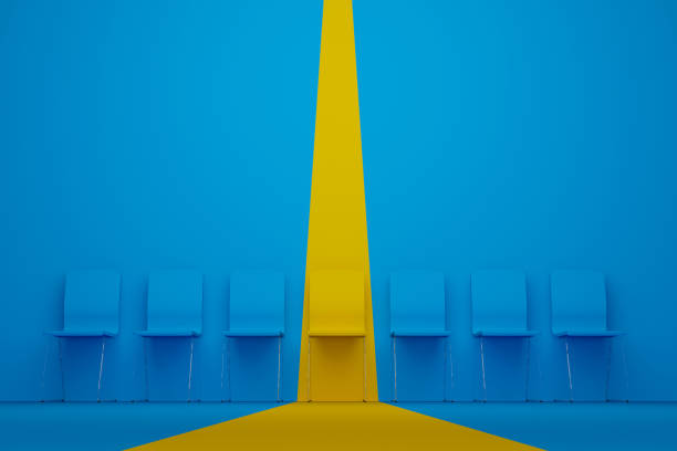 outstanding chair in row. yellow chair standing out from the crowd. human resource management and recruitment business concept. 3d illustration - empty seat imagens e fotografias de stock