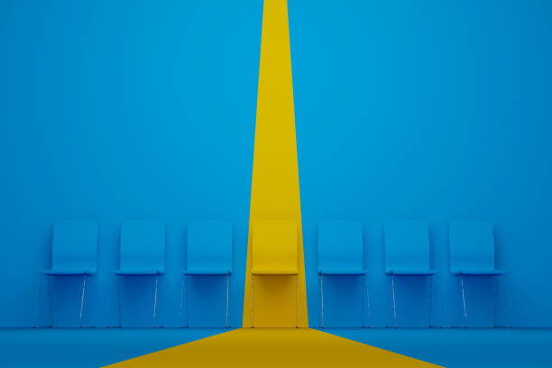 enastående stol i rad. gul stol som sticker ut från mängden. personalhantering och rekrytering affärsidé. 3d illustration - stand out bildbanksfoton och bilder