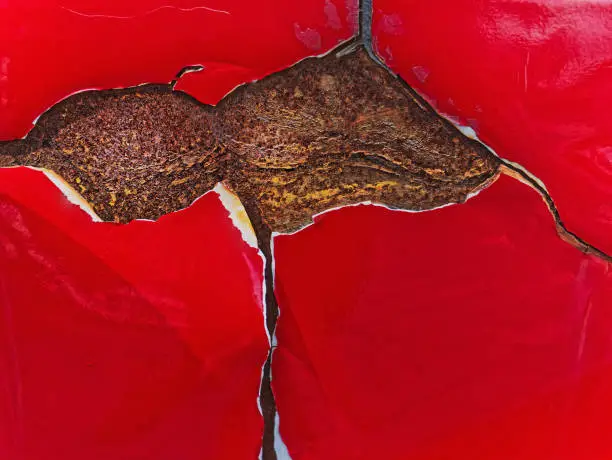 Full Frame Background of Red Car Paint Peeled Off Showing Rusted Texture