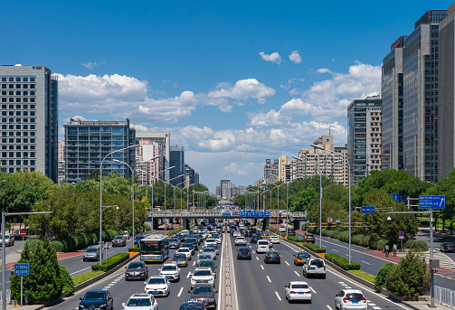 Sunny urban modern tunnels and office buildings