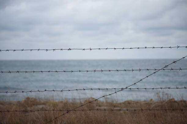 istock sea view through a barbed wire fence 1321869580