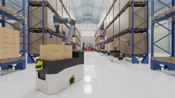 istock AGV with robot arm in smart warehouse 1321876272