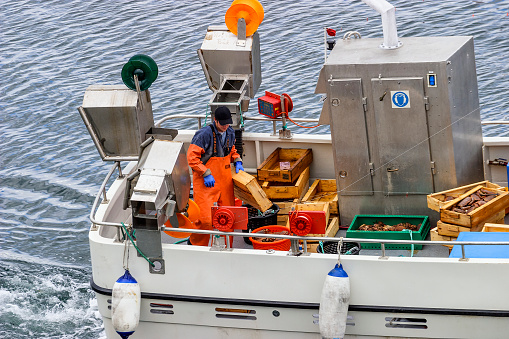 Fjällbacka, Sweden - July 25, 2016:  Crab fisherman on a boat