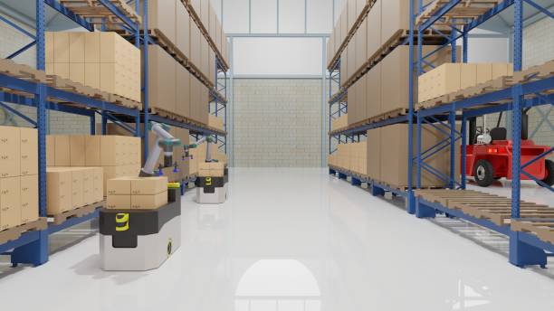 istock AGV with robot arm in smart warehouse 1321878264