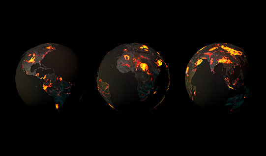 Three views of the burning world. Will the world turn into a fire after a nuclear war? Or will the fires caused by global warming bring the end of the world? Is a dark end awaiting the world? Who knows..

I redrawed the map with reference to the Nasa map on the link below:

https://earthobservatory.nasa.gov/images/9101/carbon-monoxide-from-alaska-fires