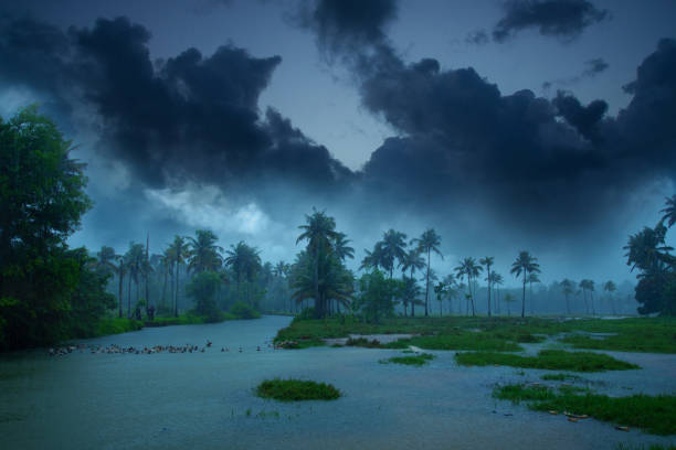 cloudy sky over beautiful flood plain landscape - storm summer forest cloudscape imagens e fotografias de stock