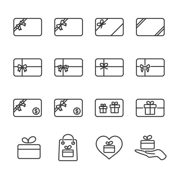 vektor-illustration set geschenk-karte linie symbole. - giftcard stock-grafiken, -clipart, -cartoons und -symbole