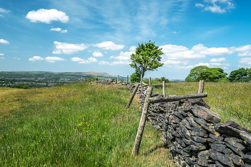 A hillside landscape view with dry stone wall and fence, Lancashire, UK.