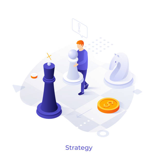 Vector Isometric Concept Man playing chess with giant pieces on chessboard. Concept of business strategy, strategic planning for financial profit, tactics, decision making. Modern colorful isometric vector illustration. three dimensional chess stock illustrations