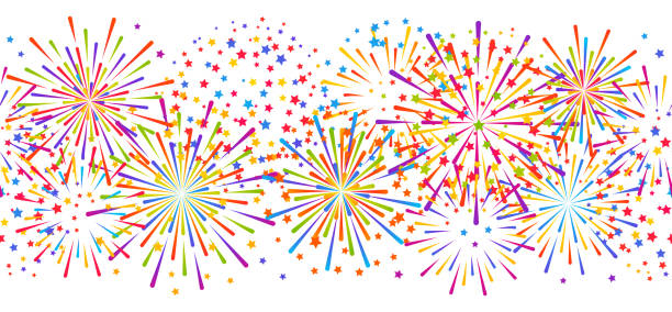 Seamless horizontal border with color fireworks isolated on white background for anniversary holiday design vector art illustration