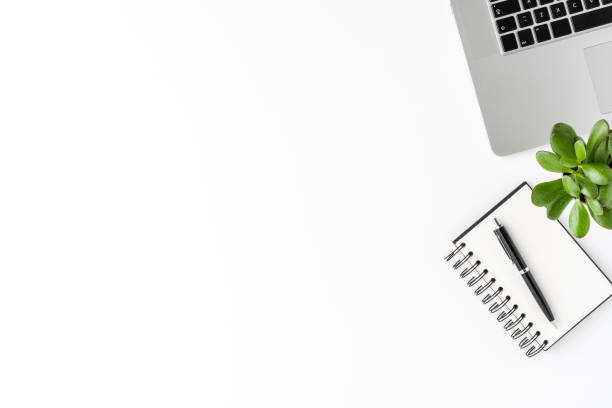 istock Elegant office desktop with laptop, notebook, pen and small succulent isolated on white background with copyspace. Modern workspace 1321882247