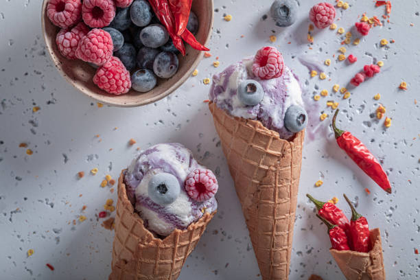 istock Cold ice cream with chilli and fruits. Unique icecream. 1321882256