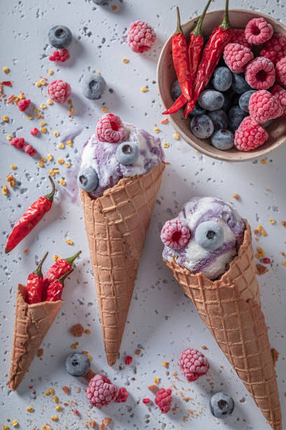 istock Cold ice cream with berries and chilli. Unique icecream. 1321882797