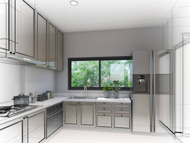 istock abstract sketch design of kitchen room ,3d rendering 1321885682