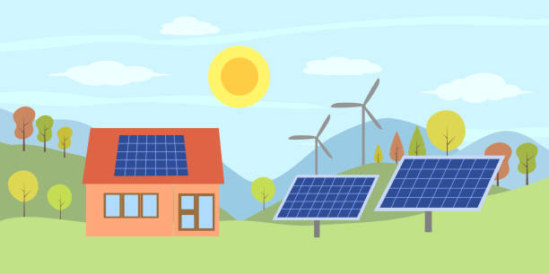 концепция солнечной энергии. дом с солнечной панелью на крыше и ветровыми турбинами в сельской местности. - solarenergy stock illustrations