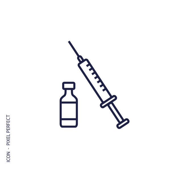 ilustrações de stock, clip art, desenhos animados e ícones de vaccine and syringe vector thin line icon in flat design - pharmacy symbol surgery computer icon