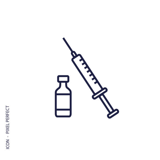 Vaccine and syringe vector thin line icon in flat design Vaccine and syringe vector thin line icon in flat design. Simple graphic medical icons for website, hospital, pharmacy. Outline sign for web button, shop. Medicine and health symbol concept. botox bottle stock illustrations