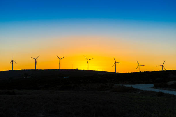 istock Windmills in a sundown dune landscape. 1321889500