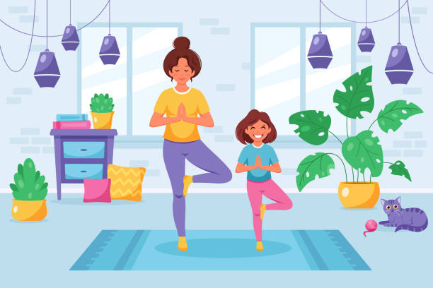 Woman doing yoga with daughter in cozy interior. Family spending time together. Vector illustration Vector illustration for cards, icons, postcards, banners, logotypes, posters and professional design. meditation room stock illustrations