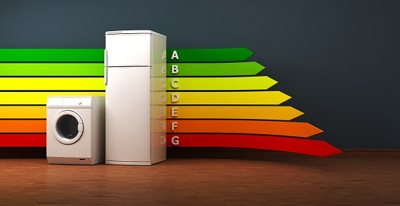 Home appliances and energy efficiency ranking. 3d illustration.
