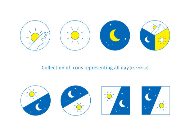 illustrazioni stock, clip art, cartoni animati e icone di tendenza di illustrazione di immagini mattutine, diurne e notturne, set di icone 8 tipi (disegno a linee, blu) - sequenza giorno e notte