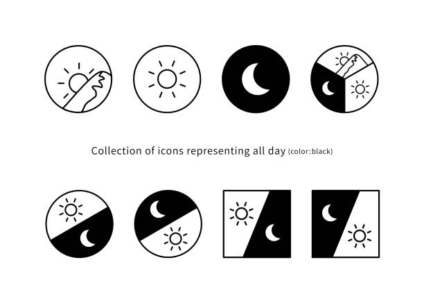 ilustraciones, imágenes clip art, dibujos animados e iconos de stock de mañana, mediodía, ilustración de imagen nocturna, conjunto de iconos redondos 3 tipos (dibujo lineal, negro) - dusk