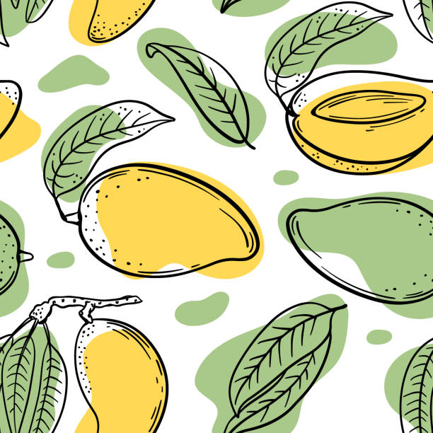 ilustraciones, imágenes clip art, dibujos animados e iconos de stock de amarillo verde mango deliciosa fruta boceto patrón sin costuras - juicy