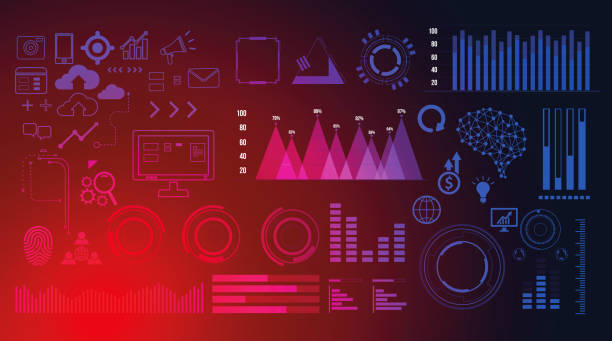 illustrations, cliparts, dessins animés et icônes de interface utilisateur de technologie infographique intelligente. écran de données de gestion de réseau vectoriel avec des graphiques en couleur, des diagrammes avec des étapes, des options, des processus de pièces pour la présentation. illustration n - digital display cyberspace security virtual reality simulator