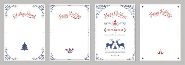 Ornate Winter Holidays Templates_02 Ornate Merry Christmas greeting cards. Universal trendy business and corporate Winter Holidays art templates. simple letterhead template stock illustrations
