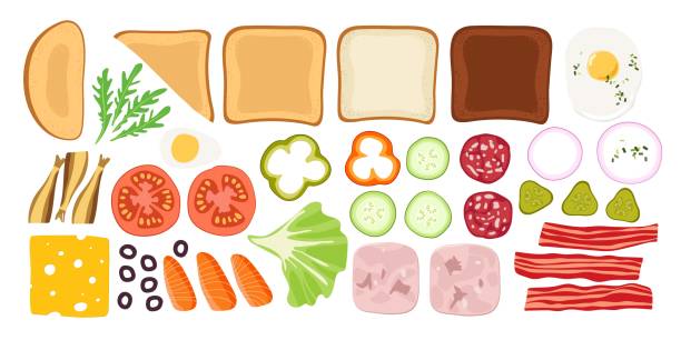 Ingredients for sandwiches. Sliced vegetables, meat products, greens to create sandwiches. Snacks. Overhead view of isolated snacks on toast vector flat. Tasty breakfast or fast food. For menu. Ingredients for sandwiches. Sliced vegetables, meat products, greens to create sandwiches. Snacks. Overhead view of isolated snacks on toast vector flat. Tasty breakfast or fast food. For menu sandwich club sandwich lunch restaurant stock illustrations