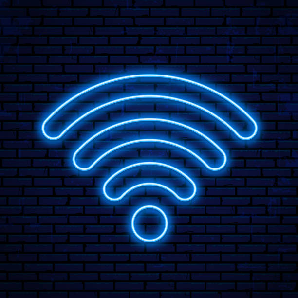Neon wifi icon, logo. Neon wifi icon, logo. Vector glowing wlan access, wireless wifi hotspot signal sign, icon, symbol. wireless technology stock illustrations