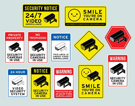 Set of security surveillance camera signs. Warning signs, danger signs, camera signs, surveillance cameras vector illustration.