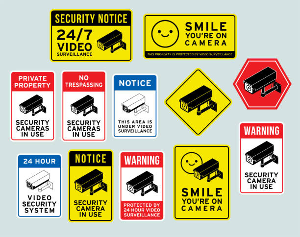 Security Surveillance Camera Warning Signs Vector Illustration Set of security surveillance camera signs. Warning signs, danger signs, camera signs, surveillance cameras vector illustration. surveillance camera sign stock illustrations