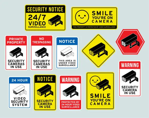 Vector illustration of Security Surveillance Camera Warning Signs Vector Illustration